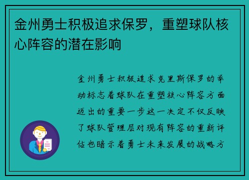 金州勇士积极追求保罗，重塑球队核心阵容的潜在影响