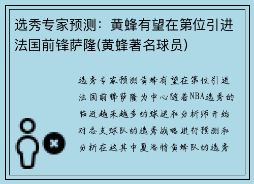 选秀专家预测：黄蜂有望在第位引进法国前锋萨隆(黄蜂著名球员)