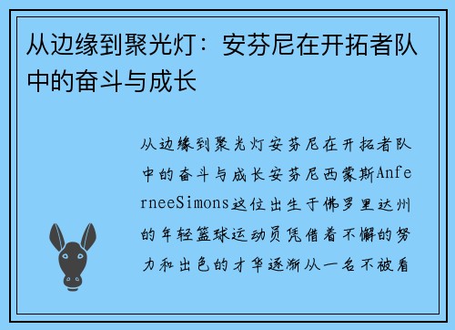 从边缘到聚光灯：安芬尼在开拓者队中的奋斗与成长