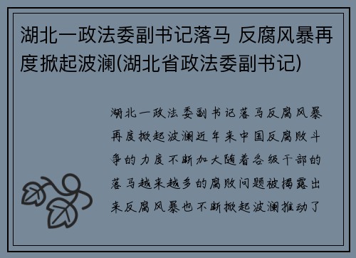 湖北一政法委副书记落马 反腐风暴再度掀起波澜(湖北省政法委副书记)