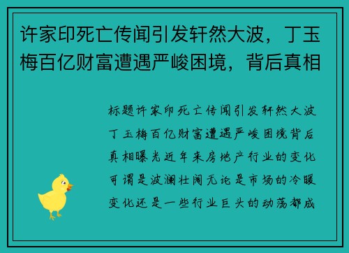 许家印死亡传闻引发轩然大波，丁玉梅百亿财富遭遇严峻困境，背后真相曝光